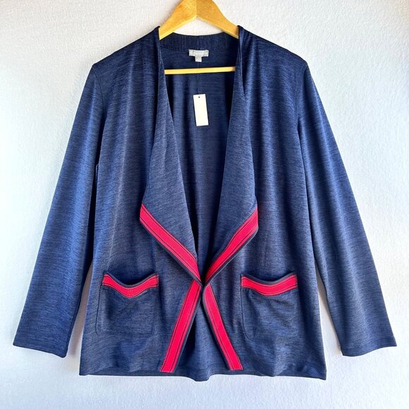 NWT T by Talbots Cardigan Medium Blue Heathered Red Stripe Waterfall Jacket - Picture 1 of 10
